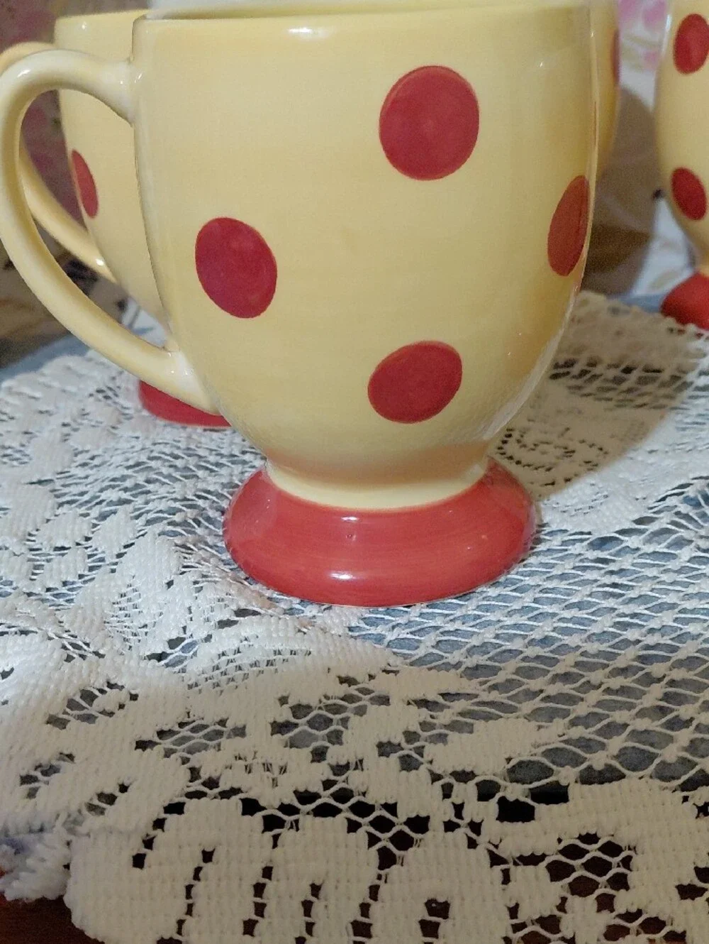 Set of 6 Yellow Ceramic Footed Mugs with Red Polka Dots